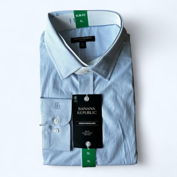 Banana Republic Men's Stretch Poplin Dress Shirt Slim Fit Plaid Blue Size XL - Picture 7 of 8
